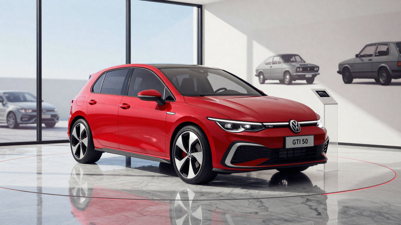 Roter VW Golf GTI 50 in modernem Showroom mit Fenstern und historischen VW-Modellen an der Wand.