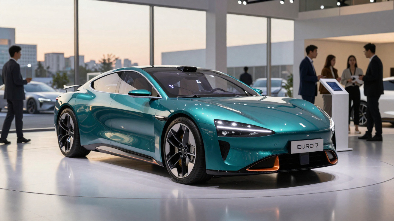 Modernes, grünes Elektro-Sportauto mit LED-Scheinwerfern, ausgestellt in einem hellen Showroom mit Besuchern.