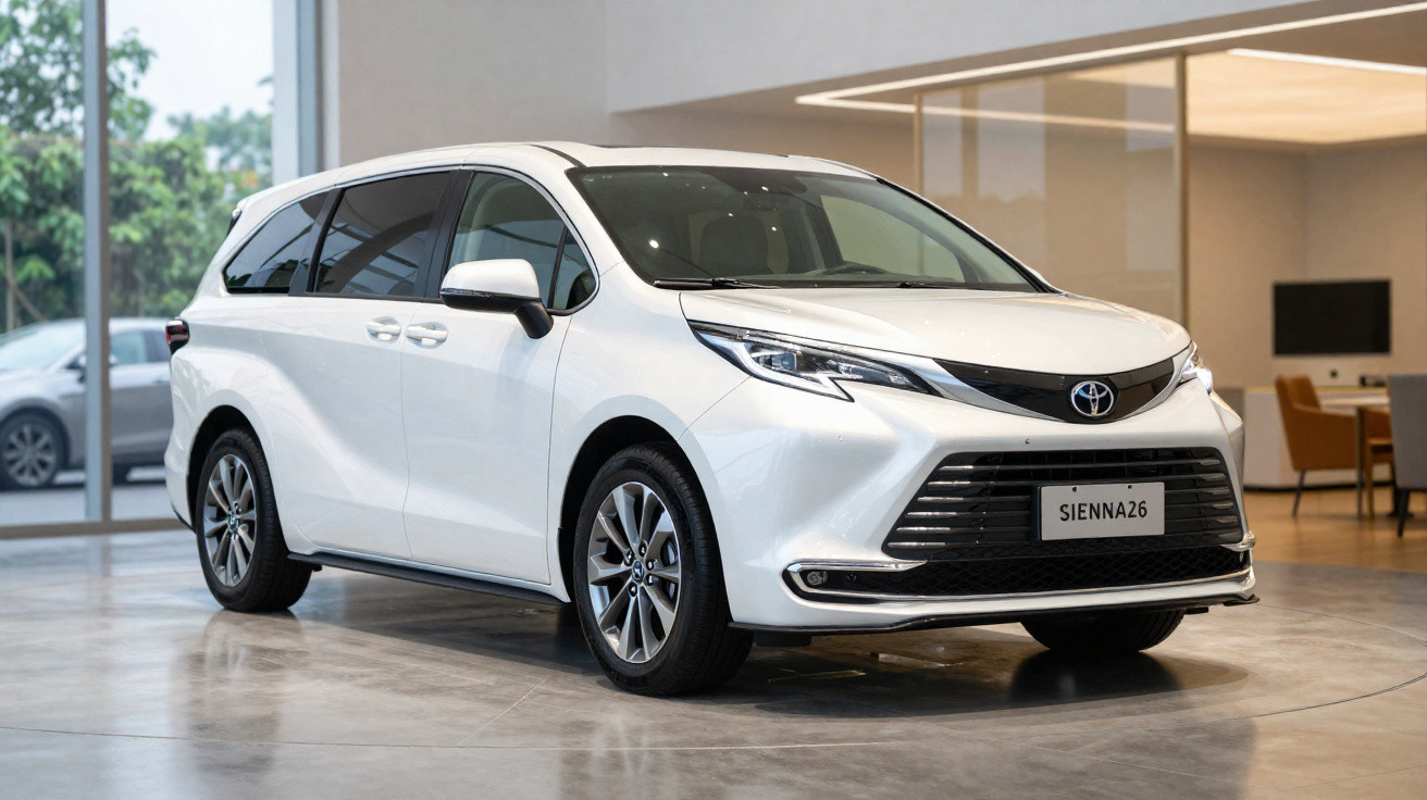 Weisser Toyota Sienna 2026 Familienvan in modernem Showroom mit grossen Fenstern und Stühlen.