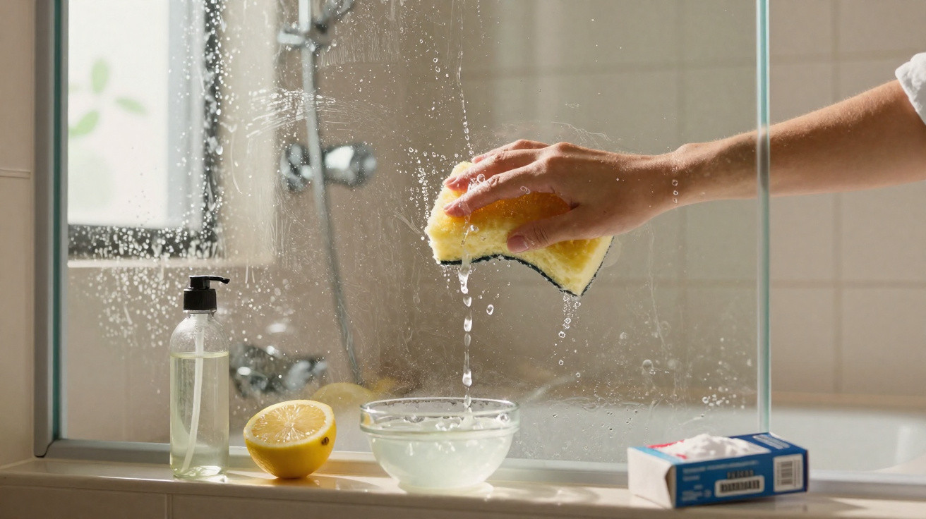 Hand drückt nassen Schwamm über einer Glasscheibe in Badezimmer mit Zitrone, Seifenspender und Reinigungspulver ab