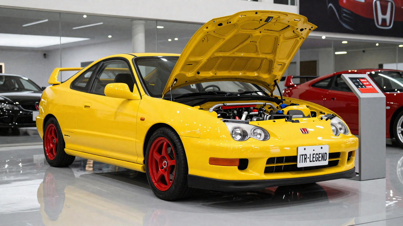 Gelbes Honda-Sportauto mit offener Motorhaube und roten Felgen in einer Autopräsentation.