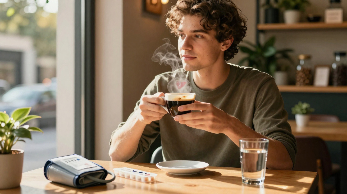 Junger Mann trinkt Kaffee im Café, am Tisch mit Wasser, Pflanze und Medikamentenbox.