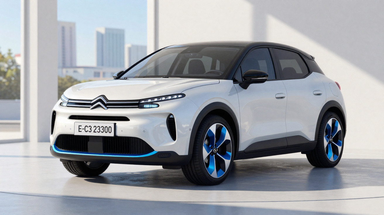Weisser Citroën E-C3 Elektro-SUV mit schwarzen und blauen Akzenten in hellem, modernem Showroom.