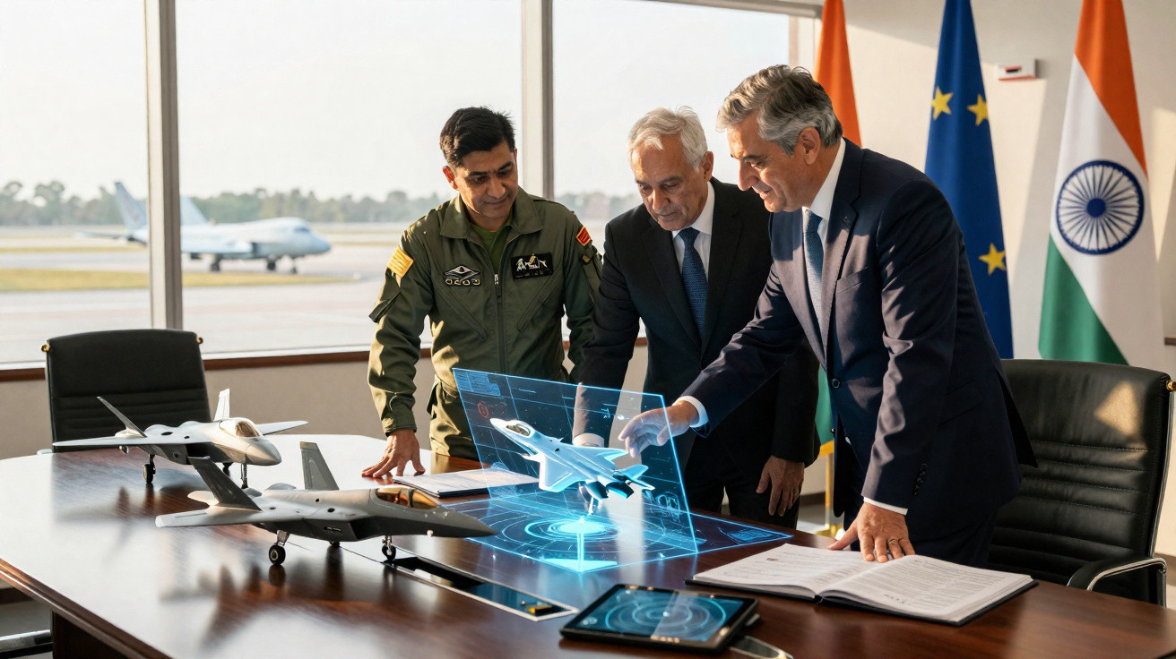Drei Männer, darunter ein Pilot und zwei Geschäftsleute, diskutieren über Modellflugzeuge und ein Hologramm im Büro.