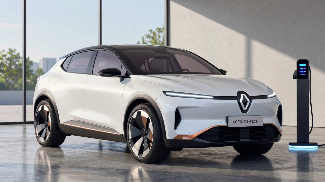 Weisser Renault Scenic E-Tech Elektro-SUV neben Ladestation in modernem Innenraum mit grossen Fenstern.