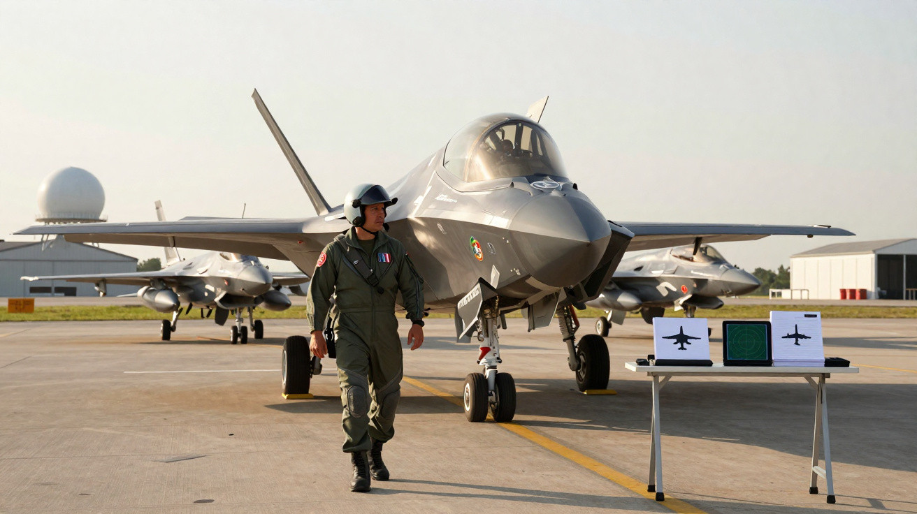 Militärpilot in Fluganzug geht vor Kampfjets auf Startbahn mit Radar- und Flugzeugabbildungen.