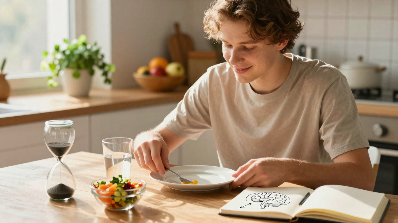 Junger Mann isst Gemüsesuppe am Tisch mit Sanduhr, Gemüseschale und Notizbuch mit Gehirnzeichnung.