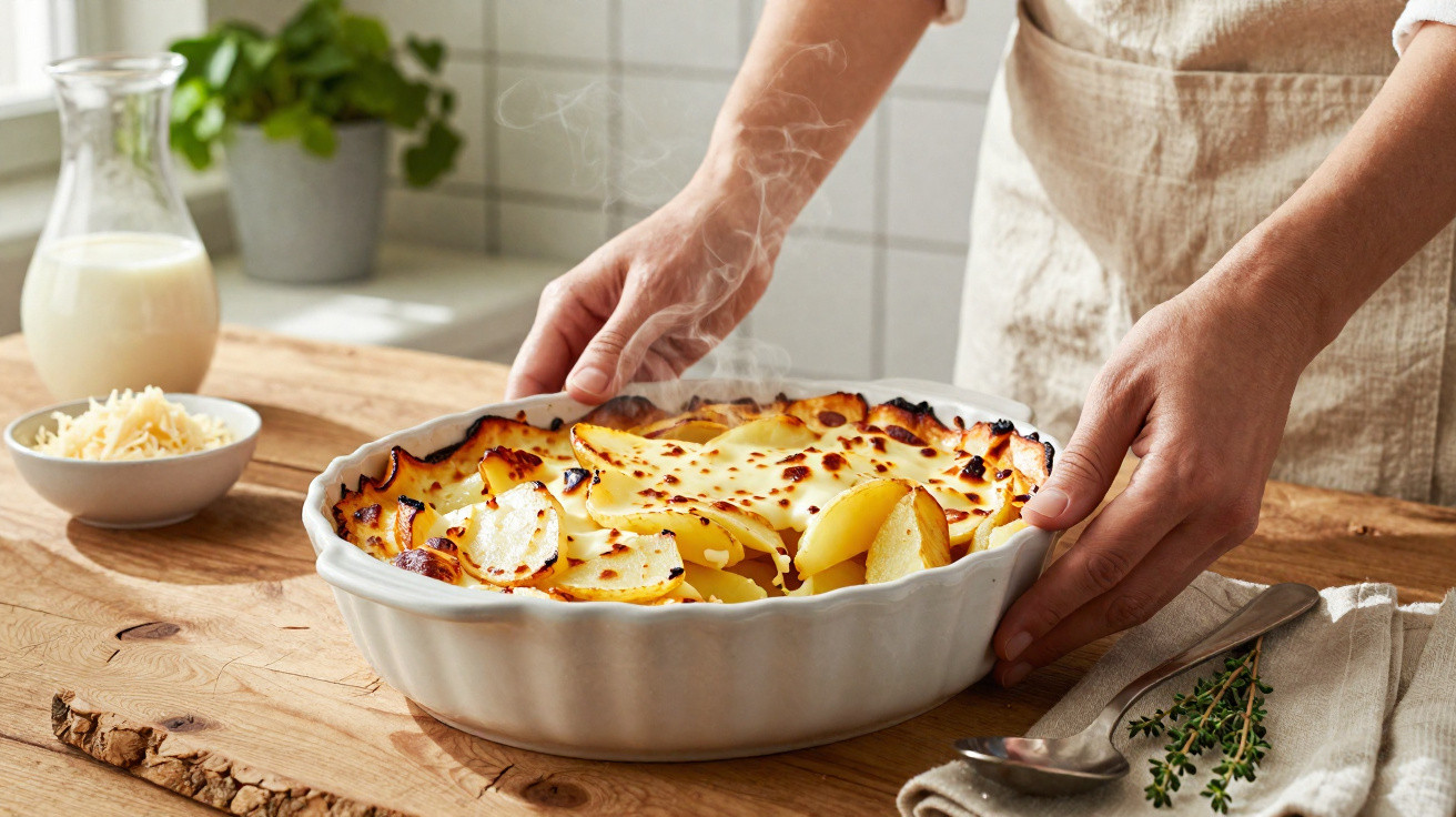 Frisch gebackenes, dampfendes Kartoffelgratin in Keramikform auf Holztisch, daneben Käse und Milch.