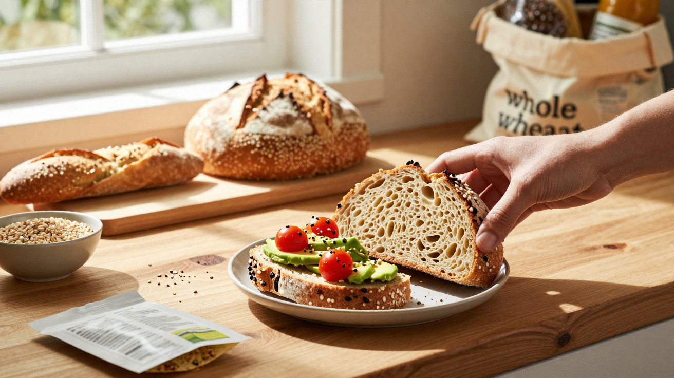 Hand legt Brotscheibe auf Teller mit Avocado und Cherry-Tomaten, frisches Brot und Getreide im Hintergrund.