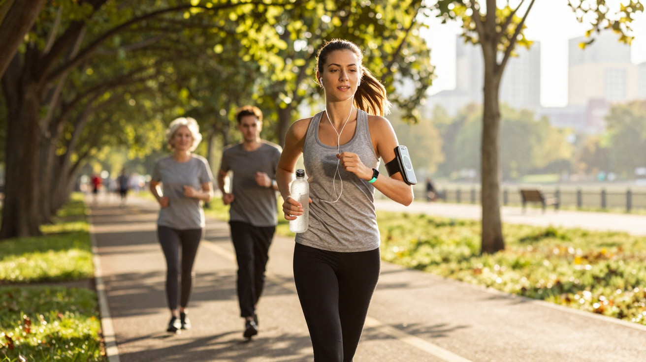 Frau joggt mit Wasserflasche und Kopfhörern auf sonnigem Parkweg, zwei weitere Personen joggen im Hintergrund.