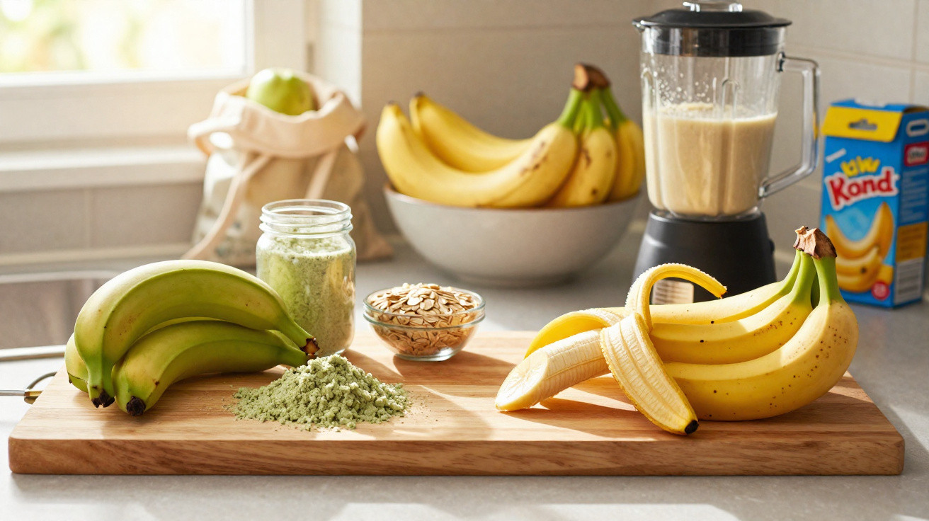Verschiedene reife und grüne Bananen mit Haferflocken, grünem Pulver und einem Mixer auf einer Küchenarbeitsfläche.
