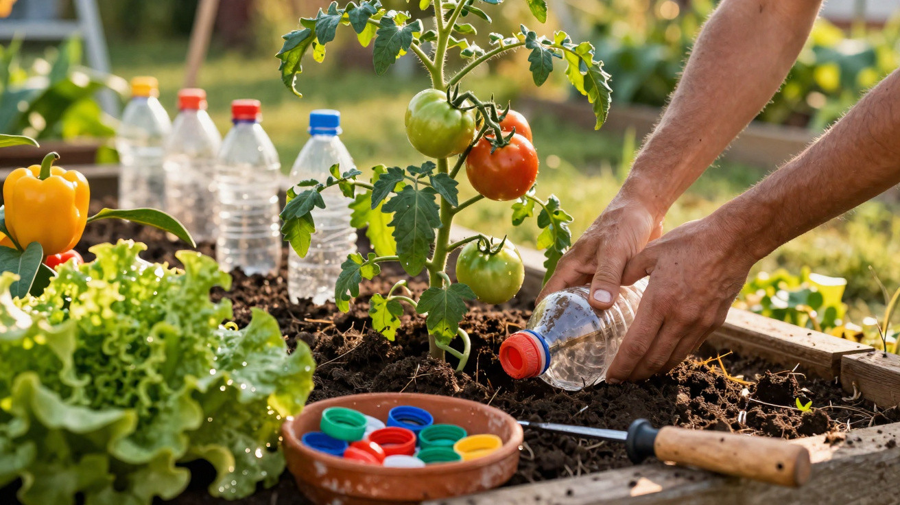 Person giessen Tomatenpflanze in Hochbeet mit Wasserflasche, bunte Plastikdeckel und Gemüse im Garten.