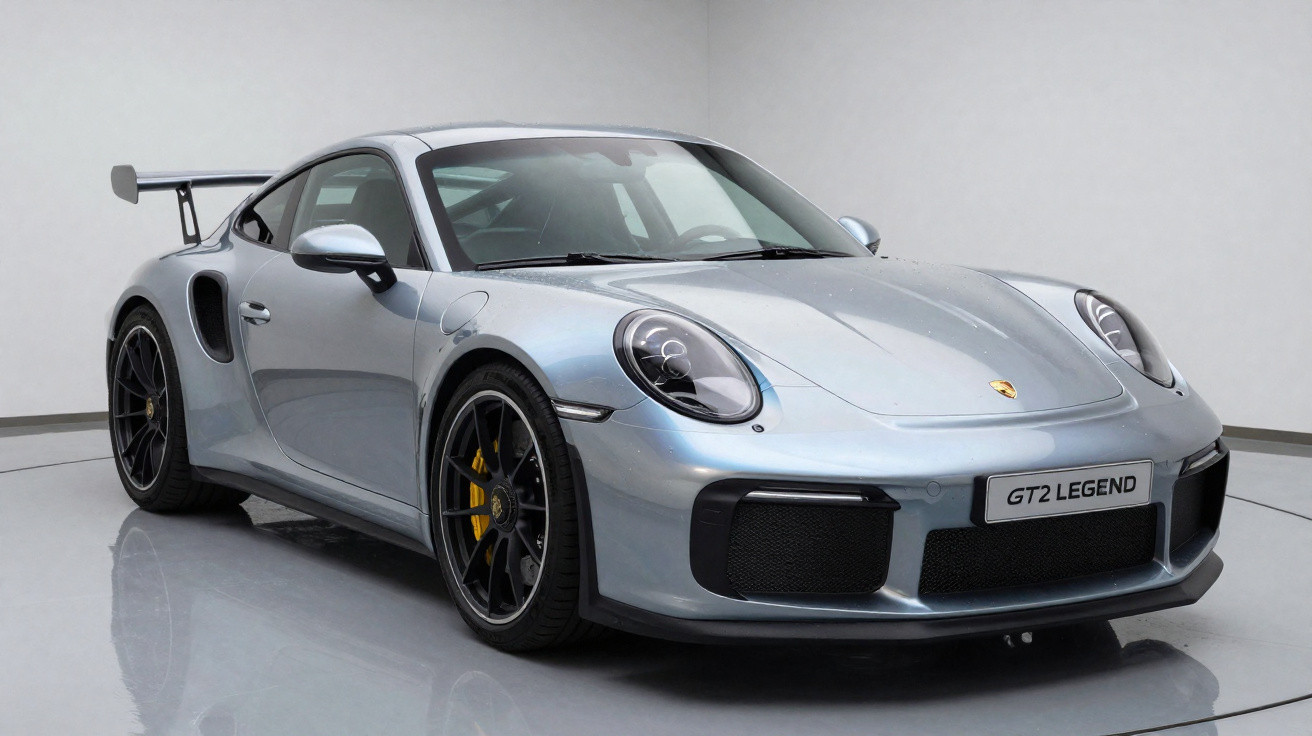 Silberner Porsche 911 GT2 Legend Sportwagen mit großem Heckflügel in einem hellen Raum.