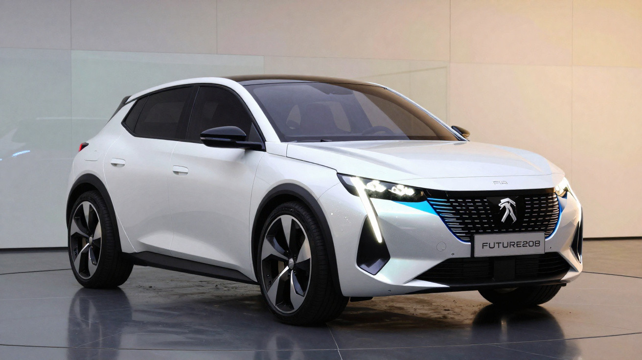 Weisser Peugeot Future 208 Elektro-SUV mit LED-Scheinwerfern in modernem Showroom.
