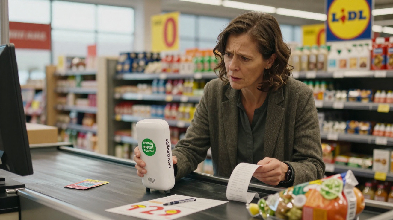 Frau scannt mit Bluetooth-Gerät Bon an Kasse in Lidl-Supermarkt, schaut konzentriert auf Kassenbon.