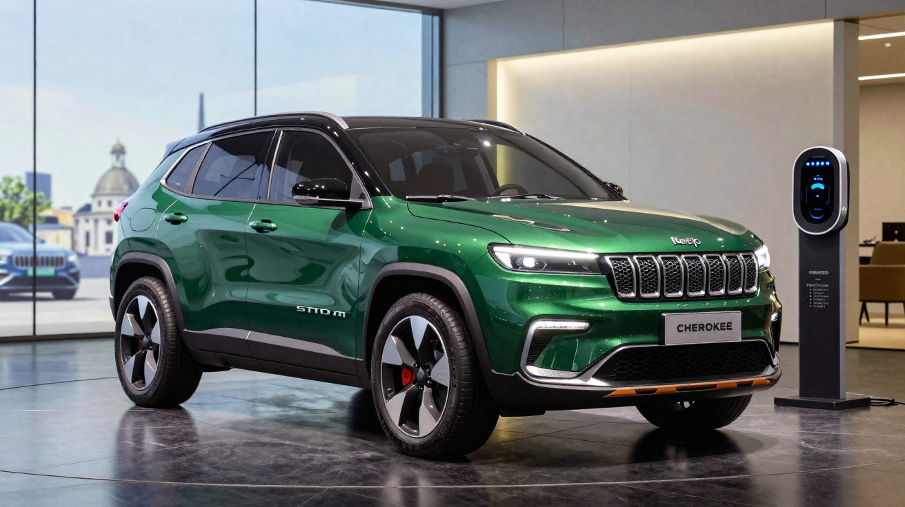 Grüner Jeep Cherokee SUV beim Laden an einer Ladestation in einem modernen Showroom.