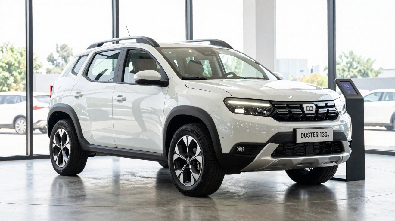Weisser Dacia Duster 130 SUV in einem hellen Auto-Ausstellungsraum mit Glasfenstern.