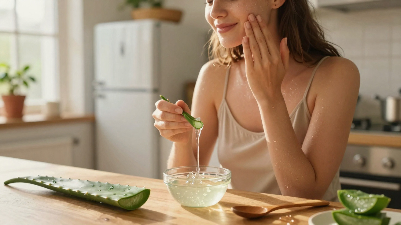 Frau verwendet Aloe-Vera-Gel aus frischem Blatt zur Hautpflege in heller Küche.
