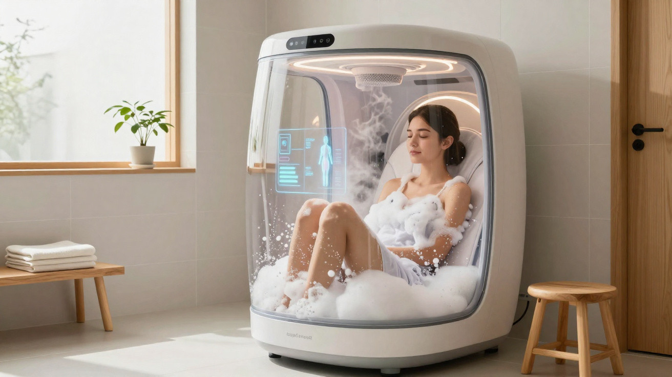 Frau entspannt in dampfgefüllter Wellnesskapsel mit digitalem Display in modernem Badezimmer.