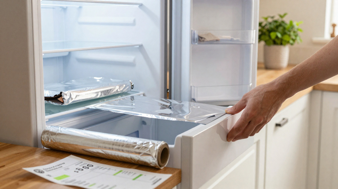 Person öffnet eine Schublade im Kühlschrank, Aluminiumfolie und Energielabel auf der Arbeitsplatte sichtbar