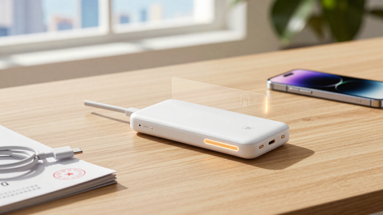 Weisses kabelloses Ladegerät mit LED-Anzeige auf Holztisch neben Smartphone und Kabel.