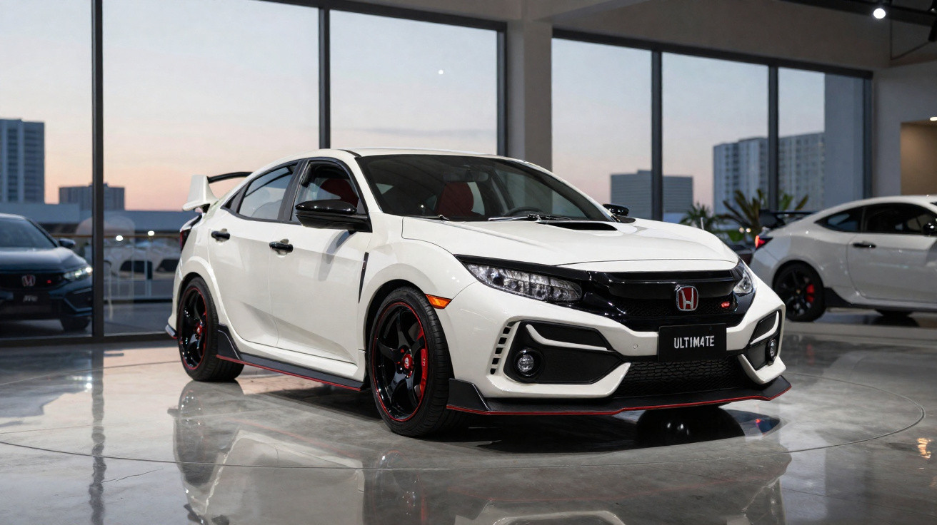 Weisser Honda Civic Type R in einem modernen Showroom mit grossen Fensterfronten bei Dämmerung.