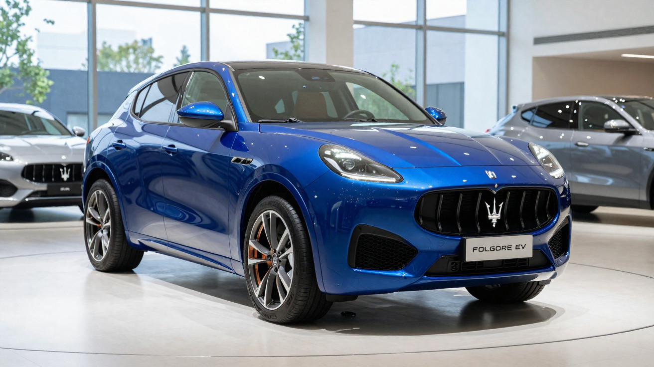 Blauer Maserati Folgore EV Sportwagen in Ausstellung mit hellen LED-Leuchten und schwarzem Kühlergrill.