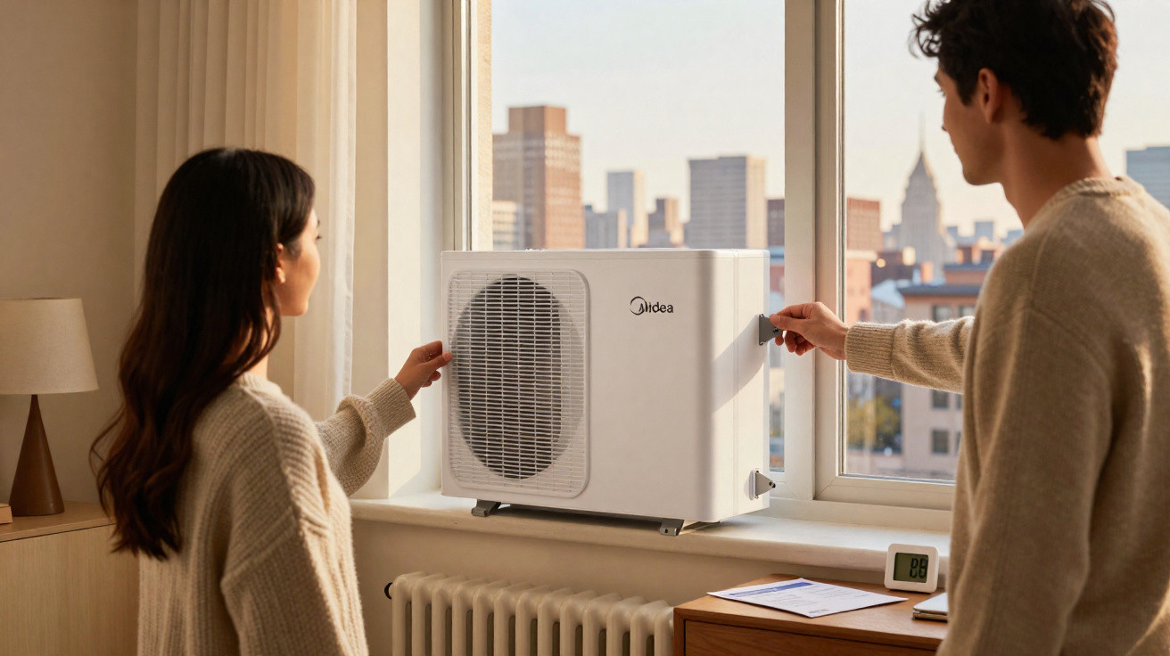 Zwei Personen bedienen eine Klimaanlage auf einem Fensterbrett mit Stadtblick im Hintergrund.