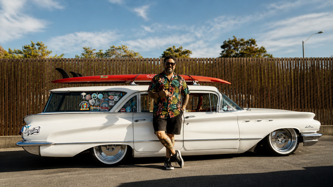Mann lehnt an weissem Oldtimer mit Surfbrett auf dem Dach bei sonnigem Wetter und Holzzaun im Hintergrund.