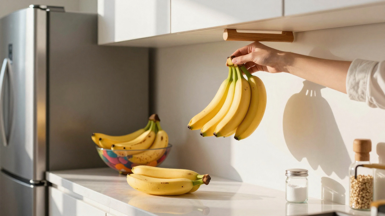 Hand hält Bananen über Küchenarbeitsplatte mit weiteren Bananen und Kühlschrank im Hintergrund.