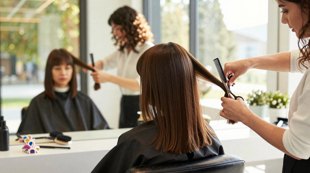 Frau bekommt im hellen Frisörsalon von Stylistin Haare geschnitten, Spiegel und Haarprodukte sichtbar.