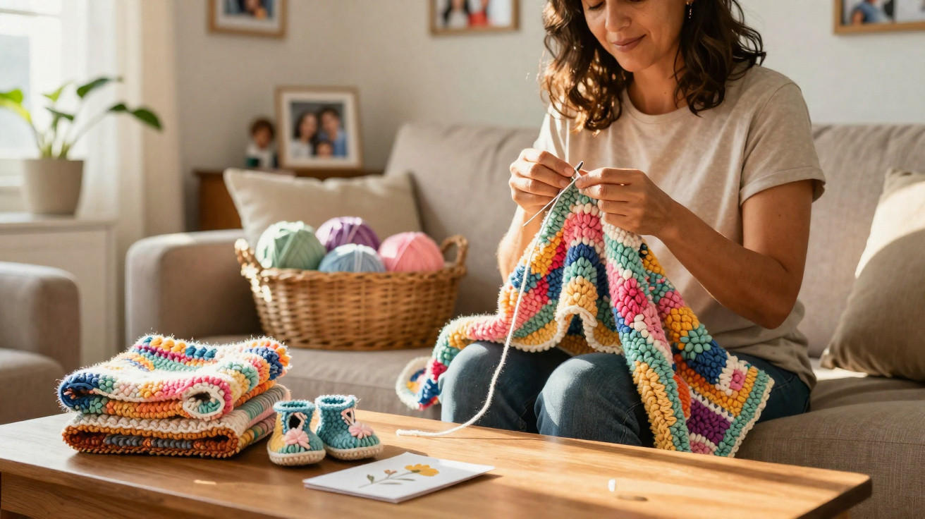 Frau häkelt bunten Babydecken-Plaid, auf Tisch Babybooties und gefaltete Decken in gemütlichem Wohnzimmer.