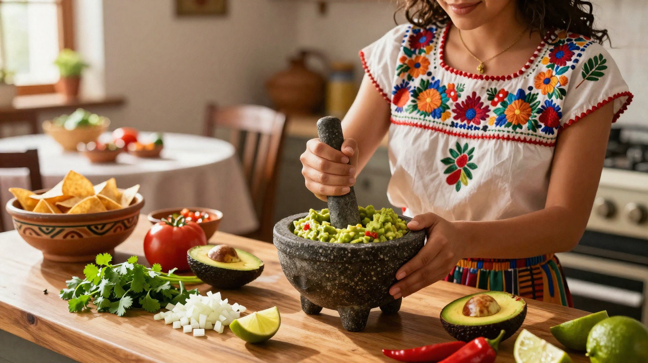 Frau bereitet frische Guacamole mit Avocado, Limette, Zwiebeln und Chili in einer Küche zu.