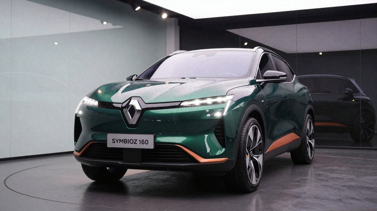 Grünes Renault Symbioz 160 Elektroauto in moderner Ausstellungshalle mit dunklem Spiegelhintergrund.
