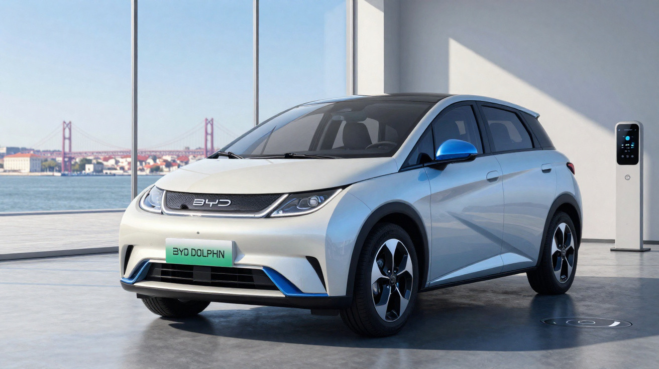 Silberner BYD Dolphin Elektroauto vor Fenster mit Fluss und Brücke, Ladestation rechts im Hintergrund.