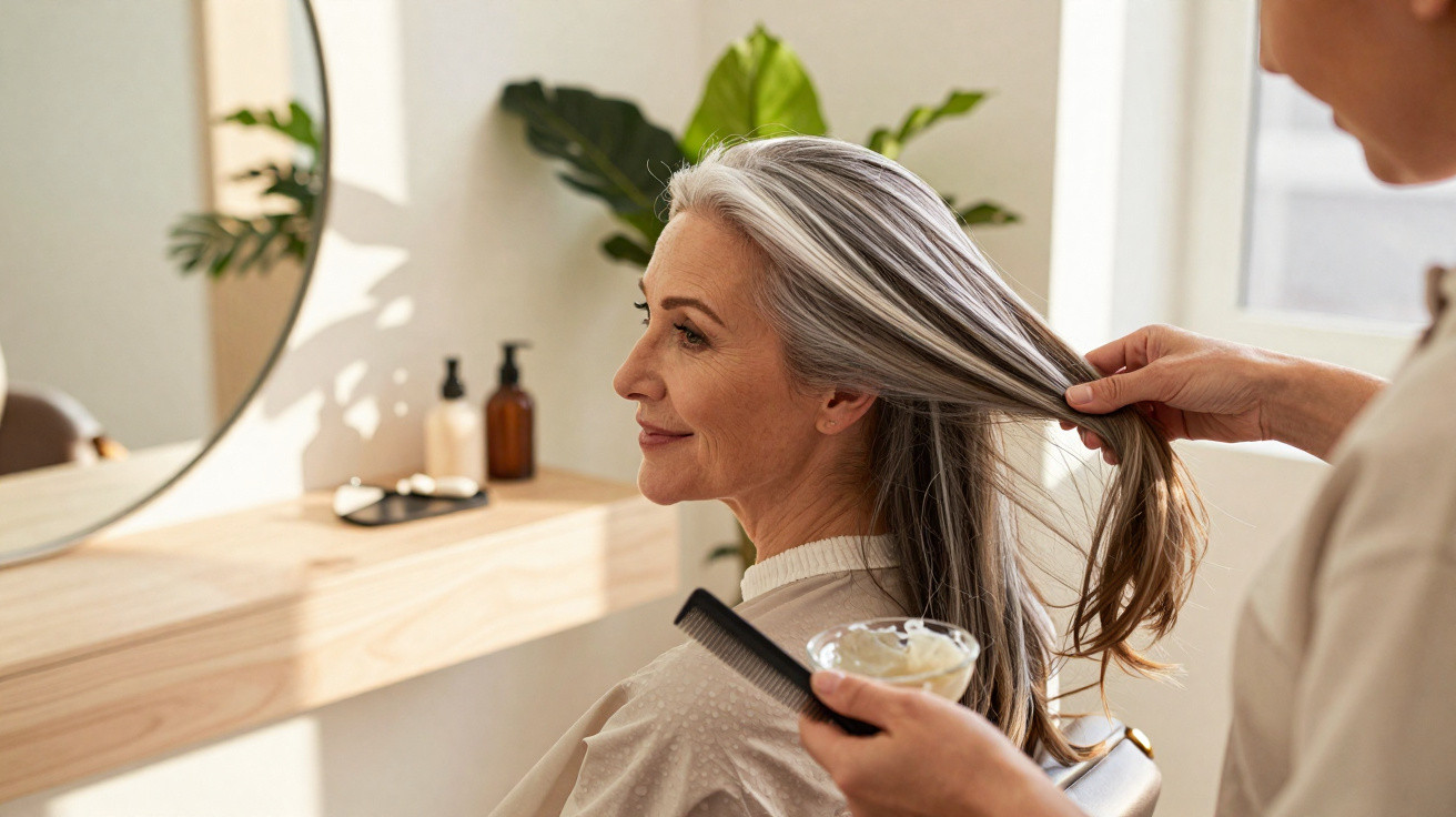 Ältere Frau bekommt im Frisörsalon eine Haarkur, während sie in den Spiegel schaut.