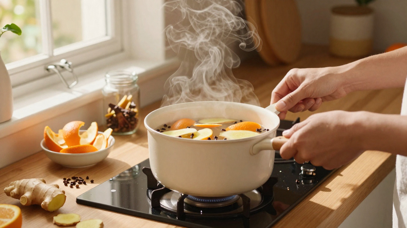 Hände halten einen Topf mit dampfendem Glühwein, gewürzt mit Orangenscheiben und Nelken auf dem Herd.