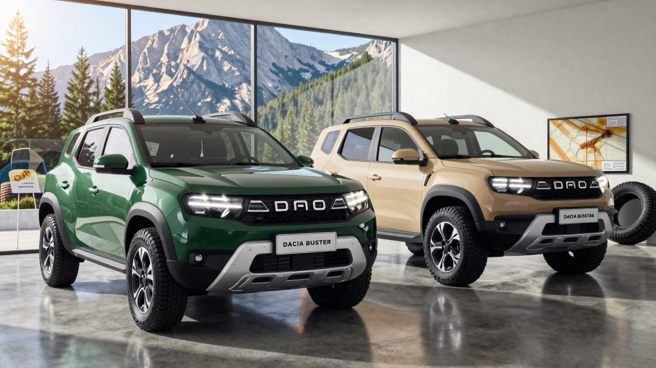 Zwei Dacia Buster Geländewagen in Grün und Beige stehen in einer modernen Garage mit Bergblick.