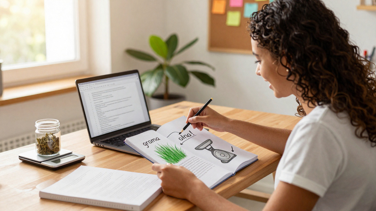 Frau mit Locken sitzt am Tisch und schreibt in ein Arbeitsbuch, neben einem Laptop und Notizbuch.