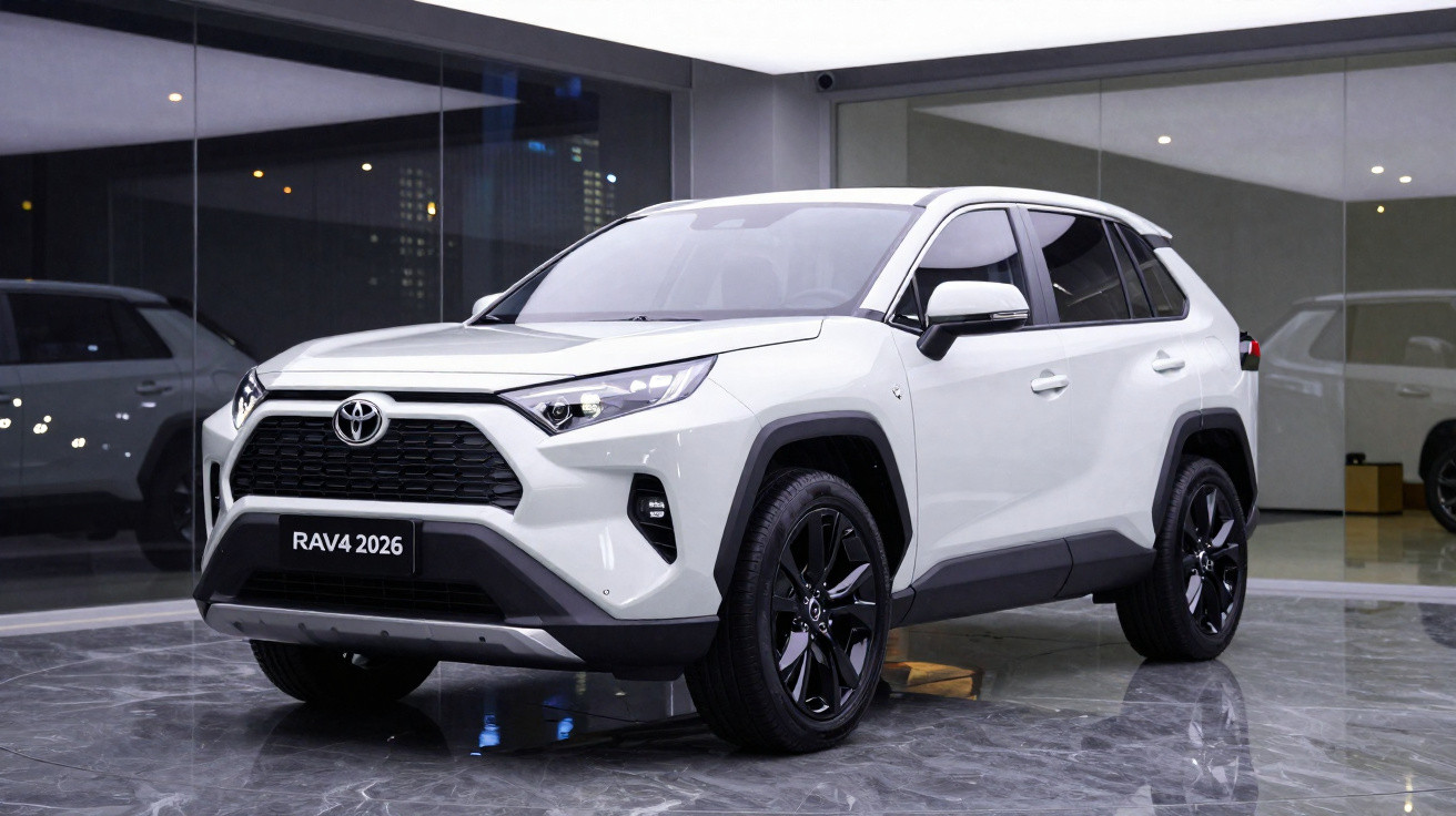 Weisser Toyota RAV4 2026 SUV in Ausstellungshalle mit schwarzen Felgen und moderner Architektur im Hintergrund.