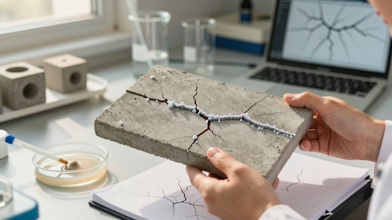 Person untersucht Risse in Betonplatte, umgeben von Laborgeräten und Laptop mit Rissdiagramm.