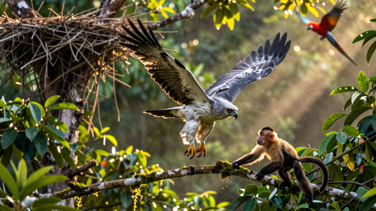 Ein Greifvogel landet auf einem Ast neben einem kleinen Affen in einem sonnendurchfluteten Wald.
