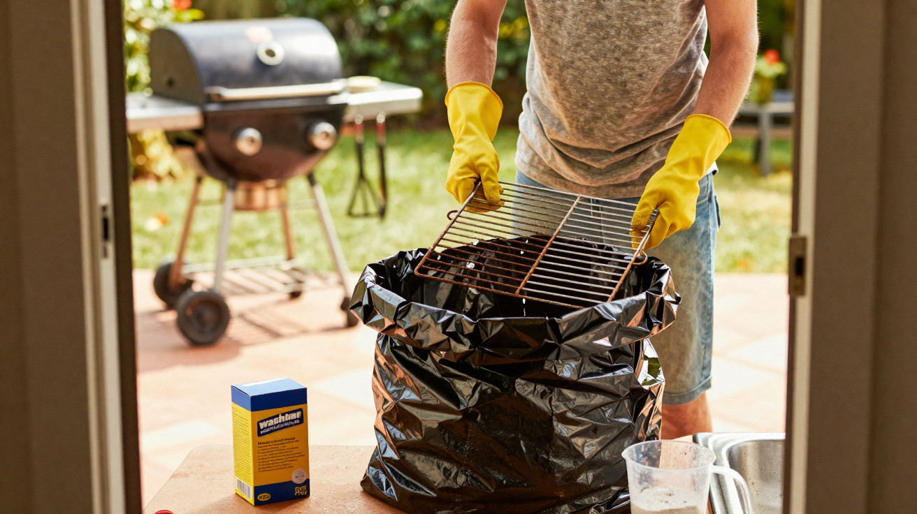 Person mit gelben Gummihandschuhen entsorgt schmutziges Grillrost in schwarzem Müllsack im Garten.