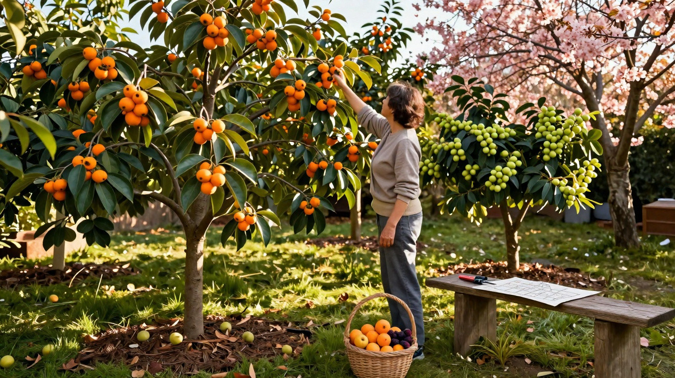 Frau pflückt reife Früchte von einem Baum, umgeben von mehreren Obstbäumen in sonnigem Garten.