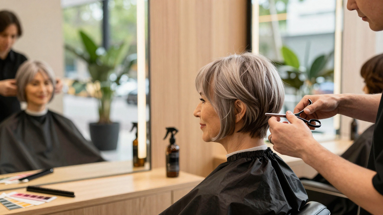 Frau mit kurzem, grauem Haar erhält Haarschnitt im modernen Friseursalon, Friseur schneidet sorgfältig.