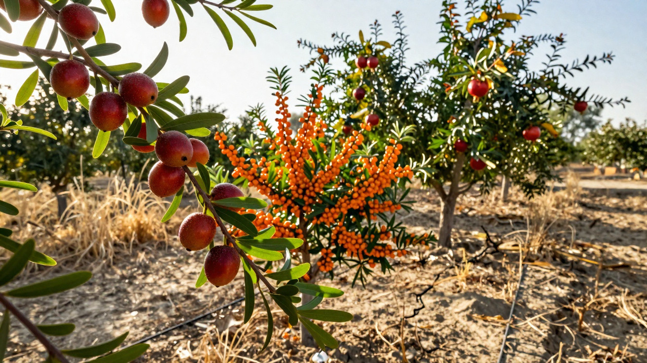 Sanddorn- und Granatapfelsträucher mit reifen Früchten in einem trockenen Feld unter hellem Himmel.