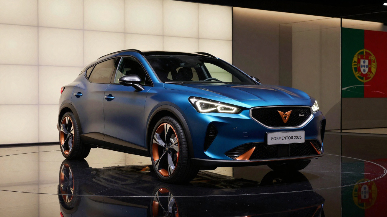 Blaues Cupra Formentor 2025 SUV-Modell im Showroom mit Portugals Flagge im Hintergrund.
