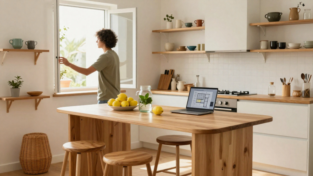 Person öffnet Fenster in moderner, heller Küche mit Holztisch, Obstschale und offenem Laptop.