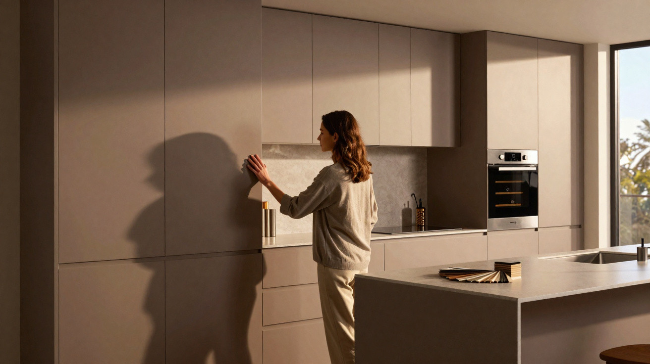 Frau öffnet Schrank in moderner, minimalistischer Küche mit beigefarbenen Fronten und grossem Küchenblock.