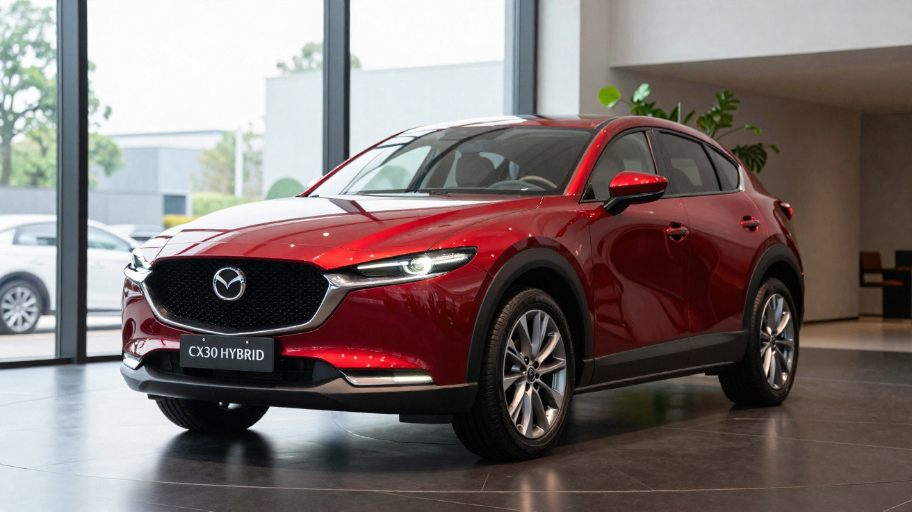 Roter Mazda CX-30 Hybrid SUV steht in modernem Showroom vor grossen Glasfenstern.